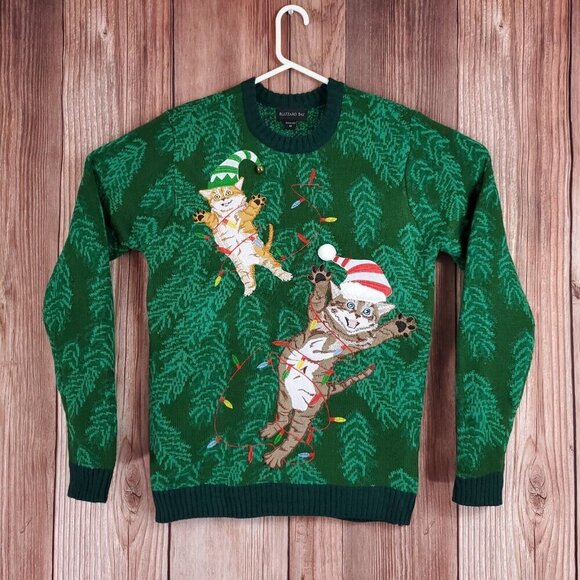 Blizzard Bay Unisex Adult Size Medium Green Tangled Cats Ugly Christmas Sweater - Picture 1 of 14